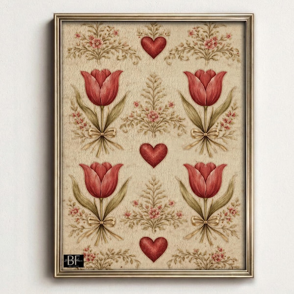 Folk Art Heart Linen Tapestry Print, Valentine Botanical Wall Art, Instant Download