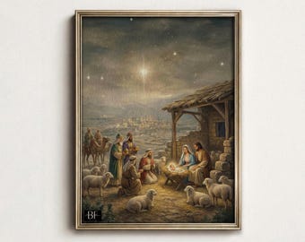 May include: Framed religious artwork depicting the Nativity scene. The painting shows Mary, Joseph, and baby Jesus in a manger, with shepherds and the three wise men. The artwork is set under a starry night sky, with a bright star shining above.
