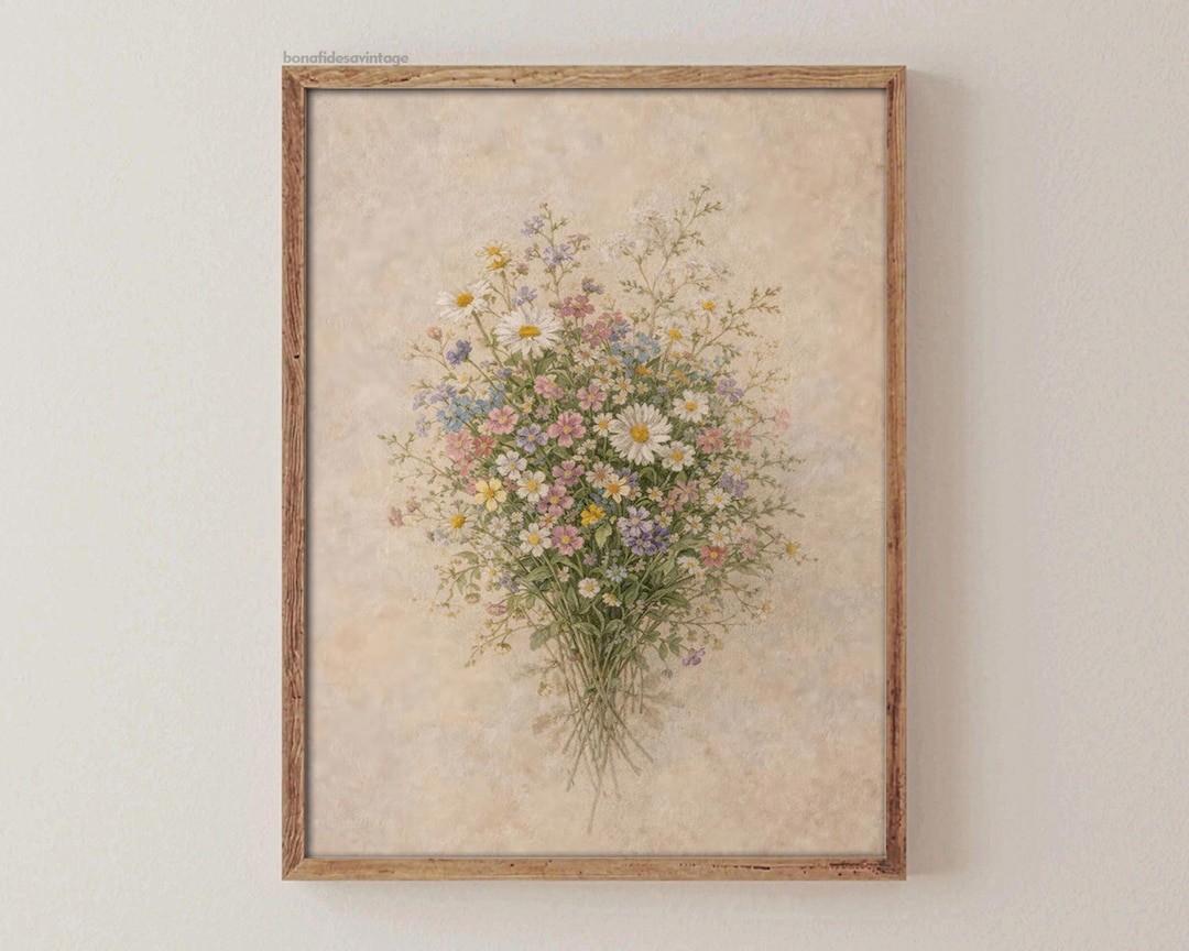 Wildflower Bouquet Printable Wall Art, Vintage Botanical Neutral, Daisy ...
