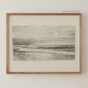 Vintage Seascape Drawing - Charcoal Coastal Print - Antique Beach Sketch - Printable Wall Art
