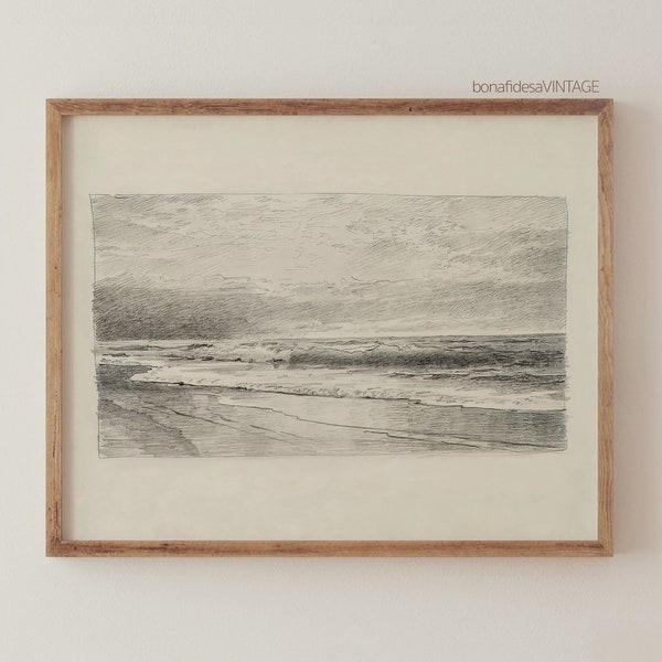 Vintage Seascape Drawing - Charcoal Coastal Print - Antique Beach Sketch - Printable Wall Art