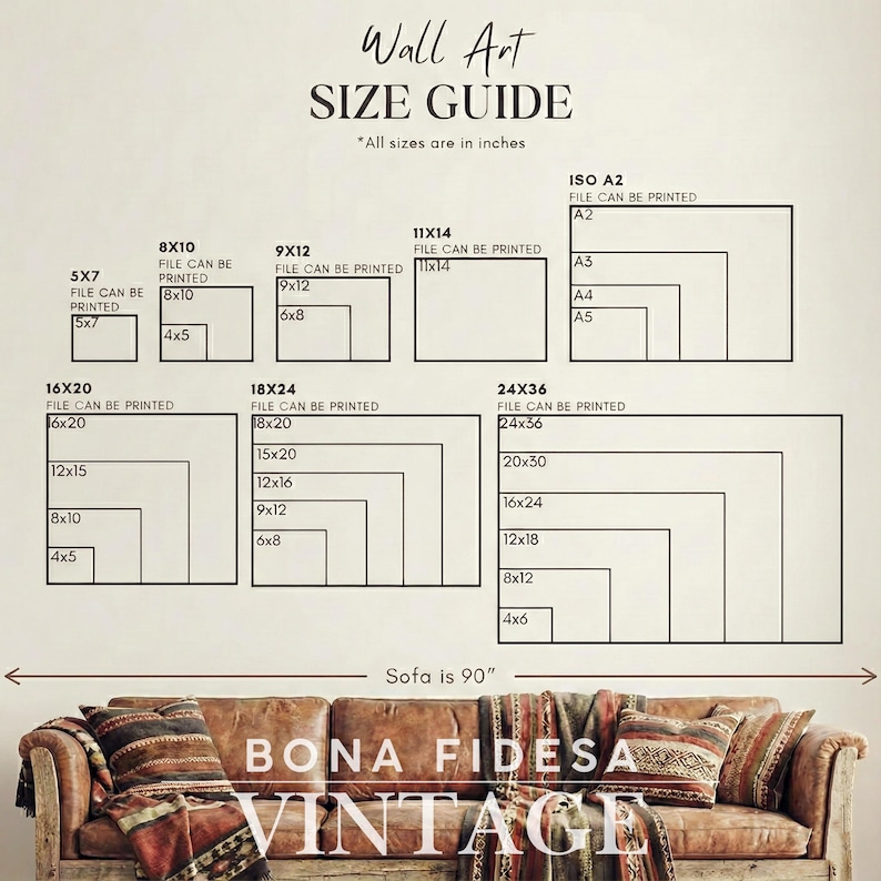 May include: A wall art size guide chart displaying various print dimensions in inches, including 5x7, 8x10, 9x12, 11x14, ISO A2, 16x20, 18x24, and 24x36. Below the chart, a brown leather sofa is shown with a 90-inch width label and the text BONA FIDESA VINTAGE.