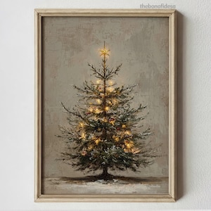 May include: Framed vintage-style Christmas tree art. The painting depicts a detailed evergreen tree with warm, glowing lights and a star on top. The artwork is set against a neutral background, creating a cosy, festive atmosphere.