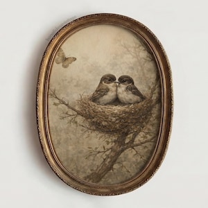 May include: Oval framed artwork featuring two small birds nestled in a twig nest. The birds are depicted in soft brown and gray tones, with a butterfly in the upper left corner. The frame is gold-toned, adding a vintage aesthetic.