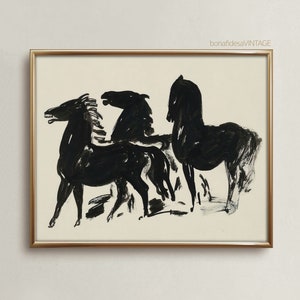 May include: Black and white line art print of three horses in a group. The horses are drawn in a simple, abstract style.