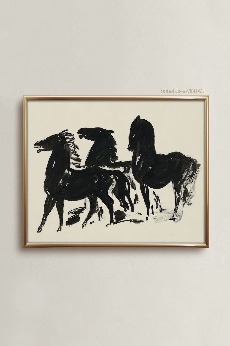 May include: Black and white line art print of three horses in a group. The horses are drawn in a simple, abstract style.