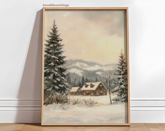 Affiche hivernale vintage | Décoration murale rustique de Noël | Paysage enneigé | Forêt d'hiver | Illustration murale imprimable pour les fêtes de fin d'année à la ferme