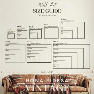 Peut inclure: Un guide des tailles pour art mural affichant diverses dimensions en pouces, incluant 5x7, 8x10, 9x12, 11x14, ISO A2, 16x20, 18x24 et 24x36. Sous le tableau, un canap&eacute; en cuir marron est illustr&eacute; avec une largeur de 90 pouces et le texte BONA FIDESA VINTAGE.