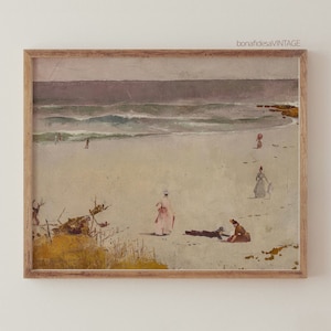 Dipinto antico di scena di spiaggia, stampa di paesaggio marino romantico, arte costiera scaricabile, arte murale stampabile