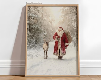 Lámina vintage de Papá Noel, arte mural rústico de renos, pintura navideña antigua, decoración acogedora de escena invernal, lámina navideña de estilo clásico para imprimir.