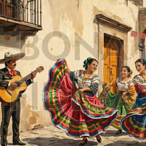 May include: A painting of a musician in a black charro suit playing an acoustic guitar alongside three dancers in white blouses and long, multi-colored striped skirts. The scene is set against a beige wall with a wooden door and balcony.