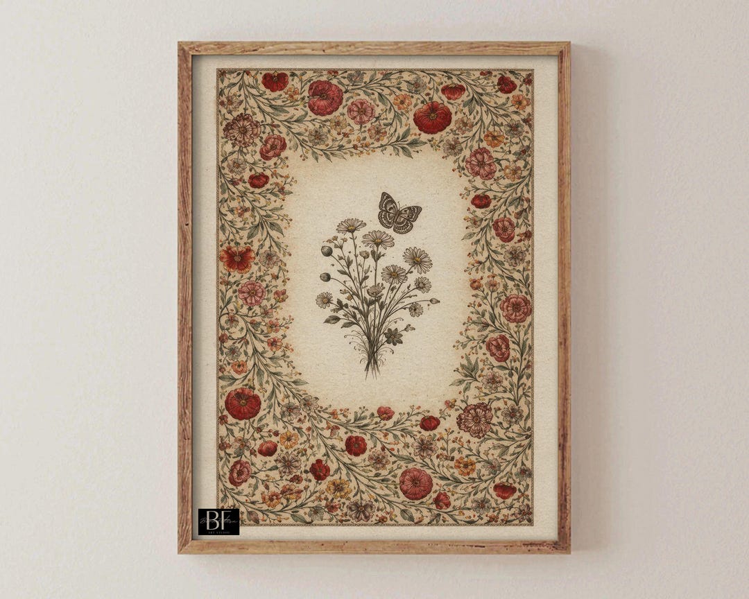 Vintage Botanical Butterfly Print: Cottagecore Floral Wall Art Download ...