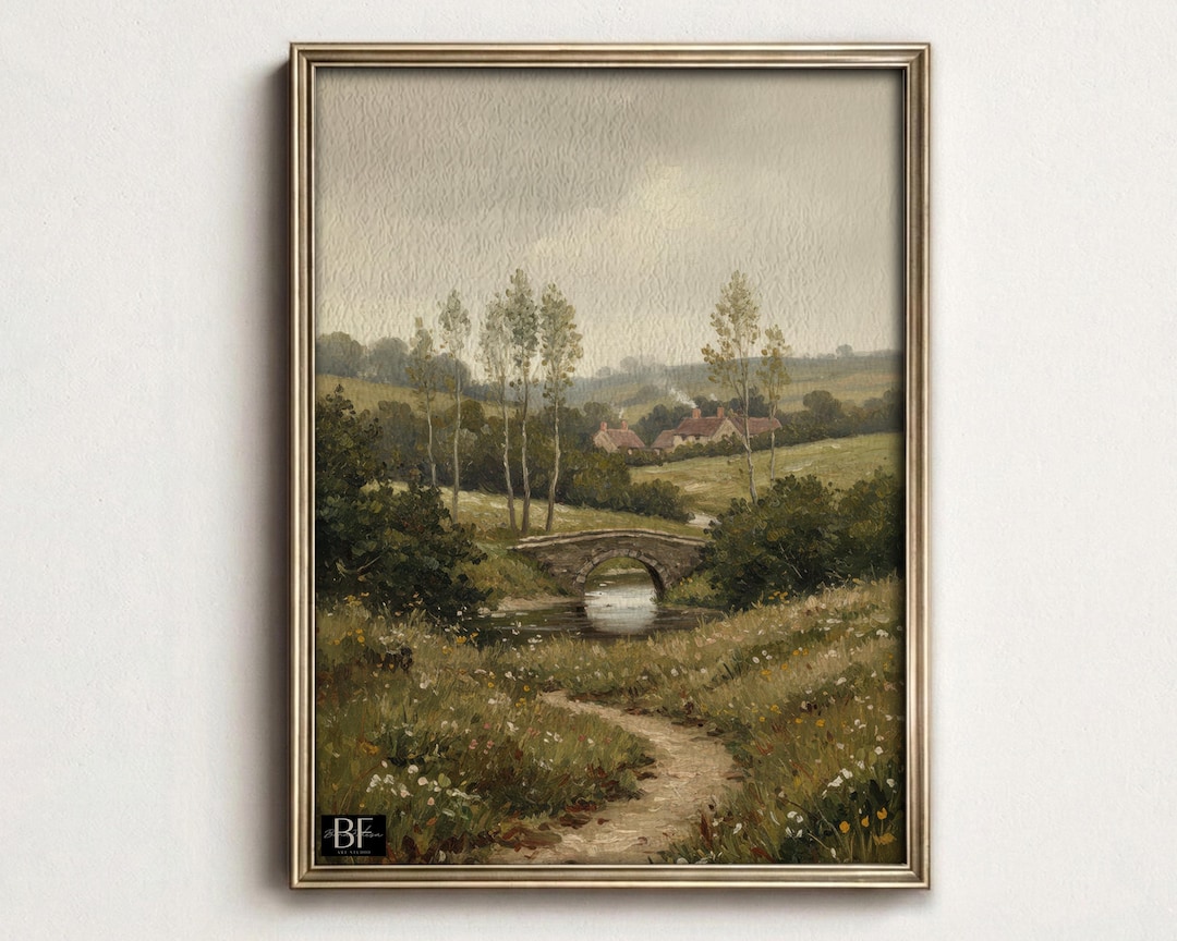 Moody Vintage Countryside Landscape Oil Painting | Kitchen Shelf Decor ...