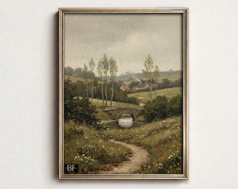 Moody Vintage Countryside Landscape Oil Painting | Kitchen Shelf Decor | PRINTABLE Download