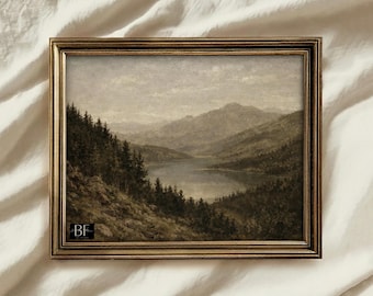 Moody Mountain Lake Wall Art, Misty Pine Forest Landscape Print, Vintage Nature Painting, Dark Green Wilderness Poster, Digital Download