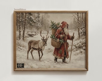 Lámina vintage de Papá Noel, arte mural rústico de renos, pintura navideña antigua, decoración acogedora de escena invernal, lámina navideña de estilo clásico para imprimir.