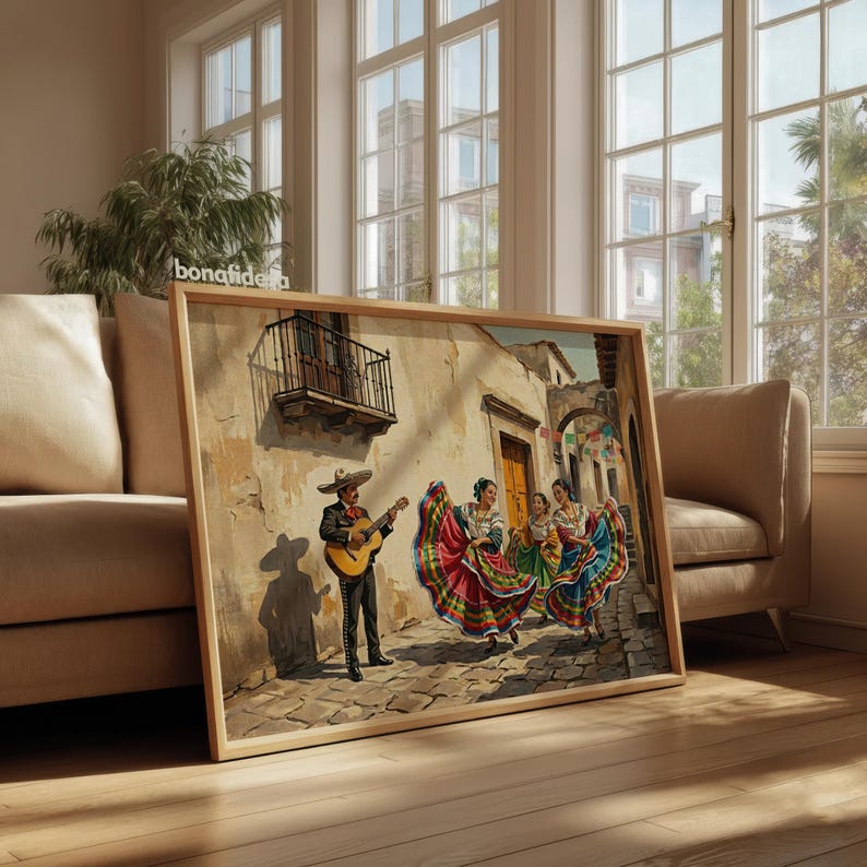 May include: A framed rectangular wall art print depicting a street scene with a musician playing a guitar and three dancers in colorful, multi-layered skirts. The setting features stone buildings, a balcony, and cobblestone ground in warm tones.