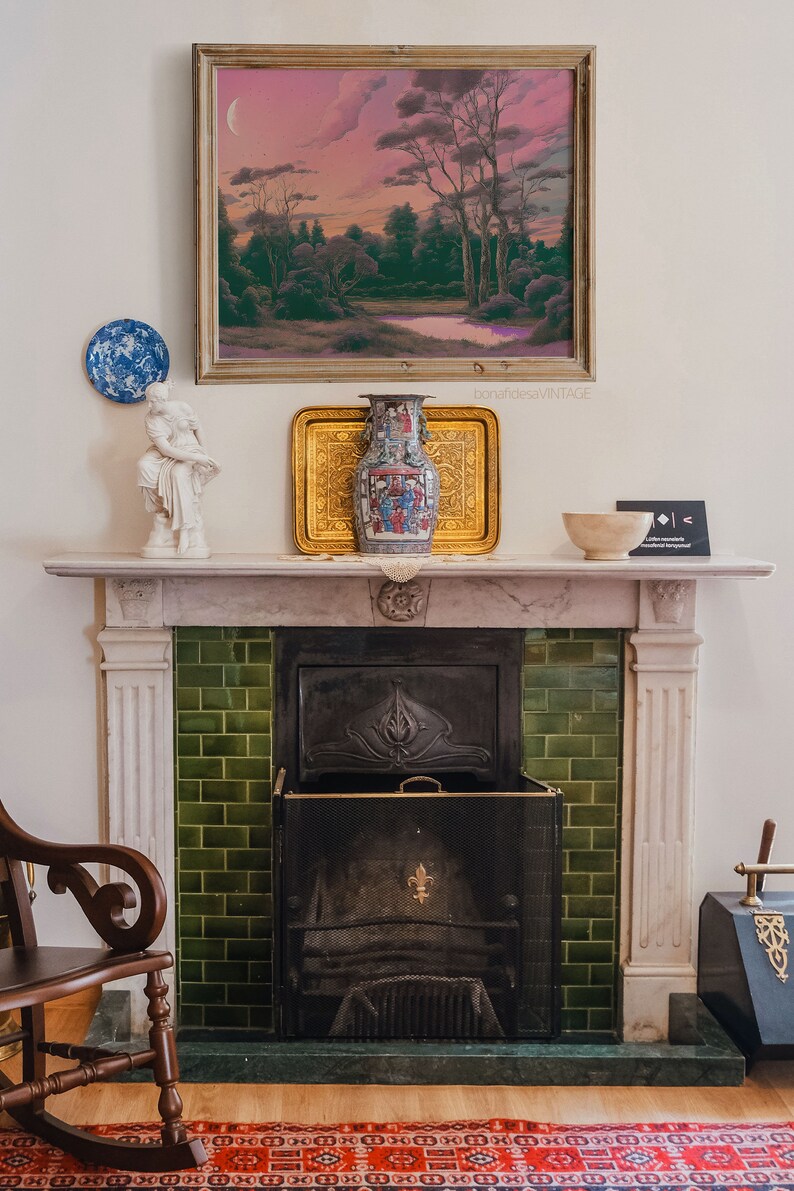 May include: A white marble fireplace with a green tiled surround and a black metal fire grate. A white porcelain statue, a gold framed landscape painting, and a blue and white porcelain vase are on the mantel.
