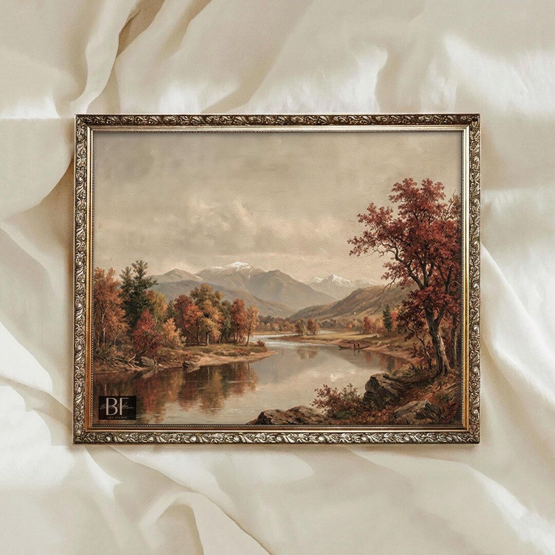 Vintage Autumn Landscape Oil Painting, Rustic Moody Fall Wall Art ...