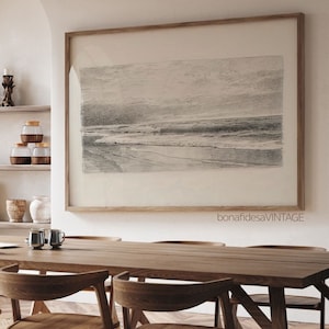 Charcoal Seascape Art - Vintage Beach Sketch