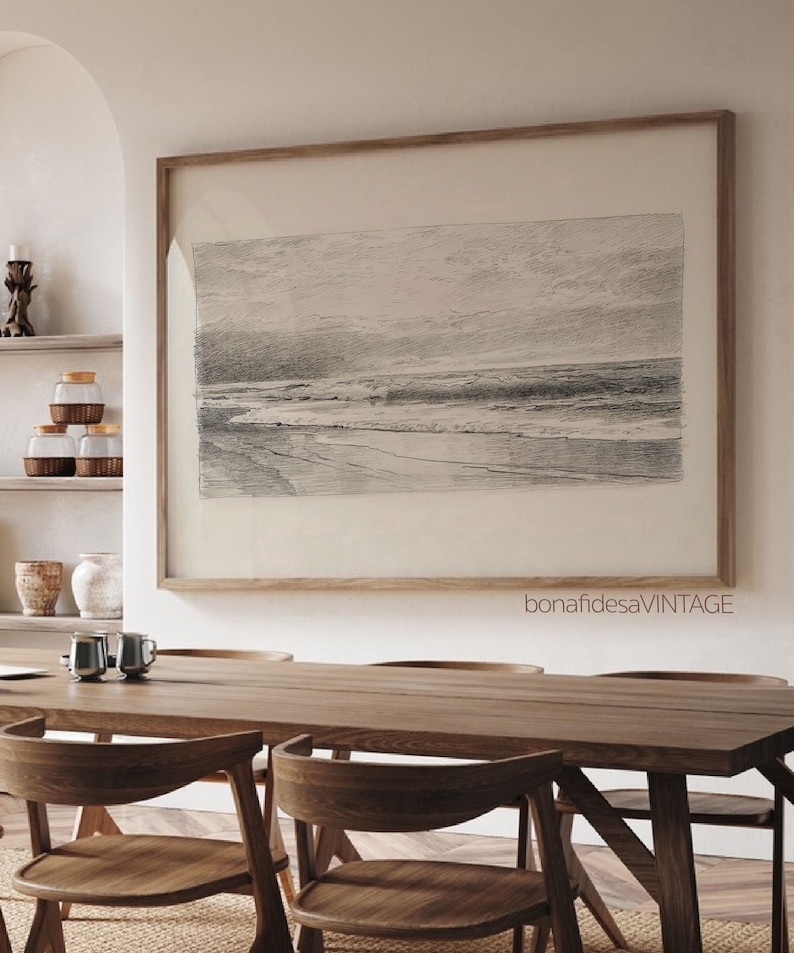 Charcoal Seascape Art - Vintage Beach Sketch