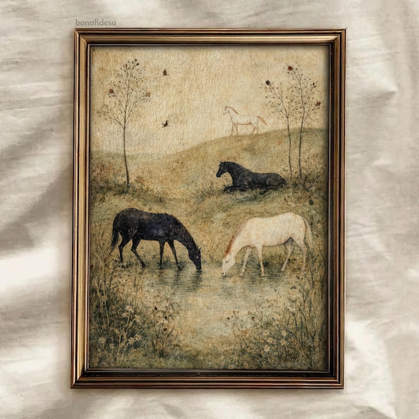 Vintage paard print, kunst aan de muur ruitersport, rustieke boerderij decor, poster pastoraal landschap, antieke dierlijke kunst, digitale download