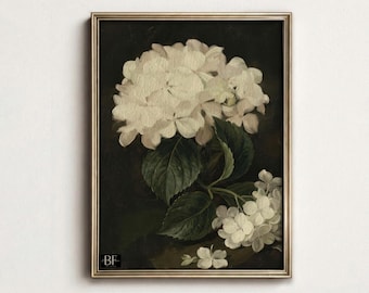 Hydrangea Painting, Vintage Flower Print, Dark Moody Antique Botanical Art Digital PRINTABLE