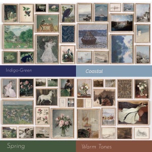 May include: A collage of framed artwork depicting various themes, including coastal scenes, spring landscapes, and warm tones. The artwork is arranged in a grid pattern, with each frame showcasing a different style and subject matter.