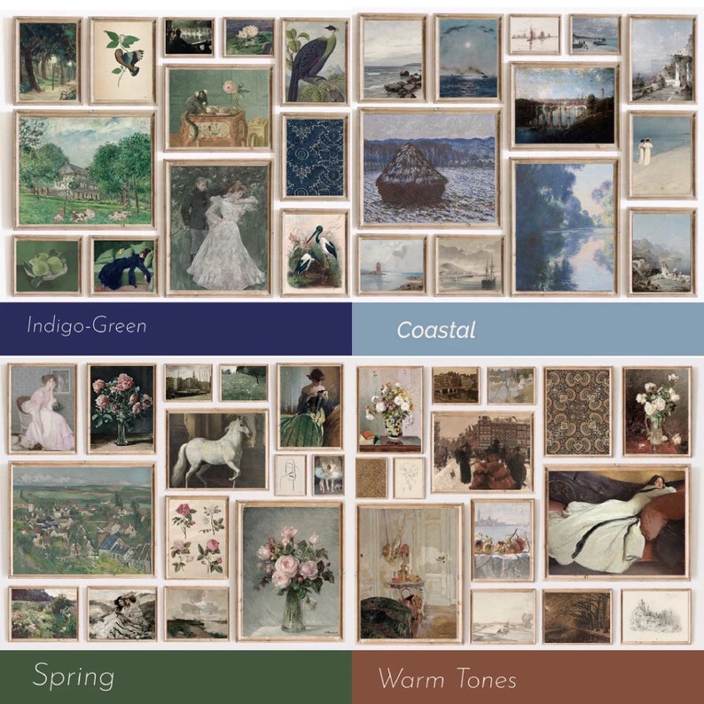 May include: A collage of framed artwork depicting various themes, including coastal scenes, spring landscapes, and warm tones. The artwork is arranged in a grid pattern, with each frame showcasing a different style and subject matter.