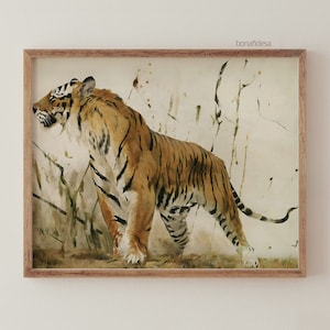 May include: A watercolour painting of a tiger in a jungle setting. The tiger is facing to the left and has a light brown and black striped coat. The background is a light brown with green and brown brushstrokes.