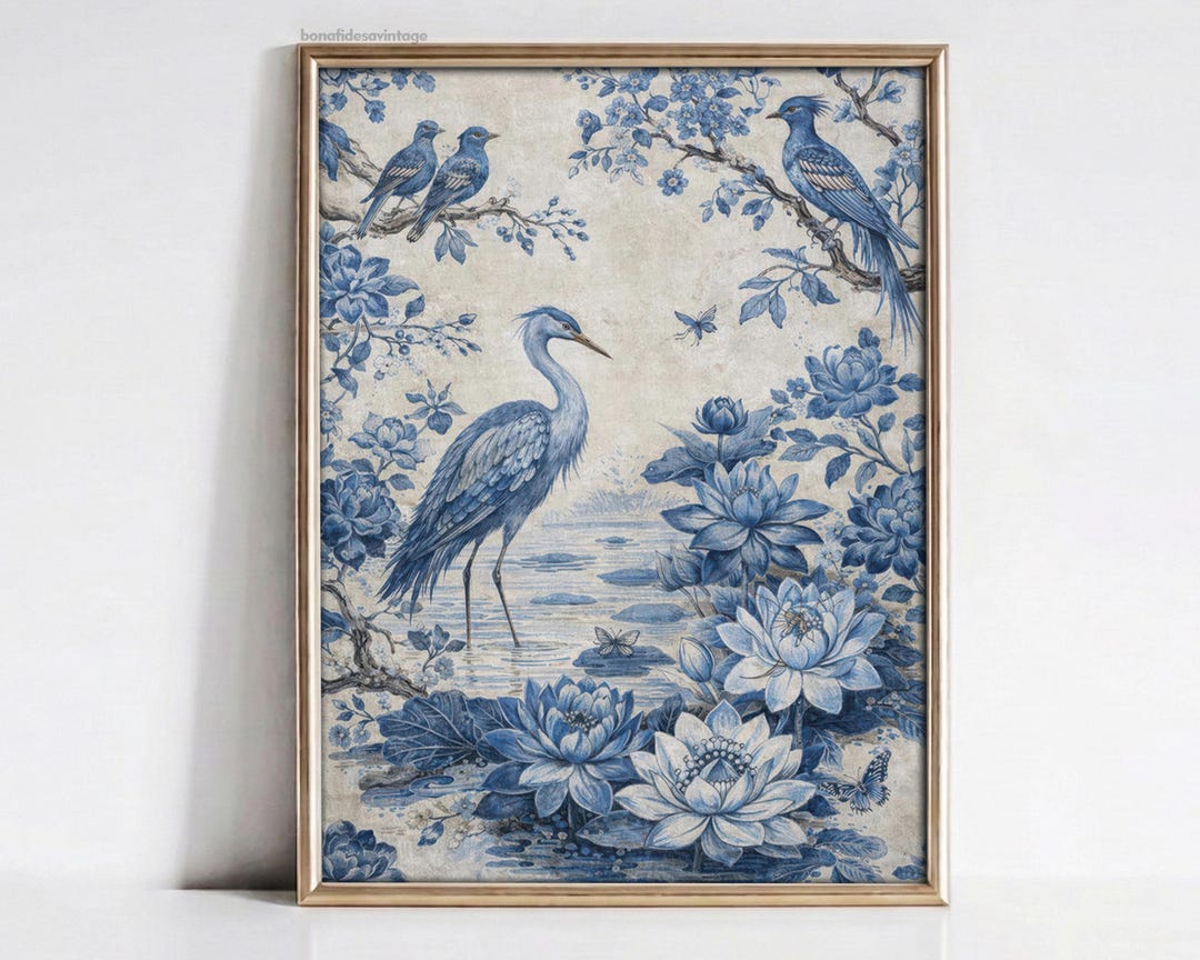 Blue Chinoiserie Bird Wall Art Printable, Heron & Lotus Digital ...