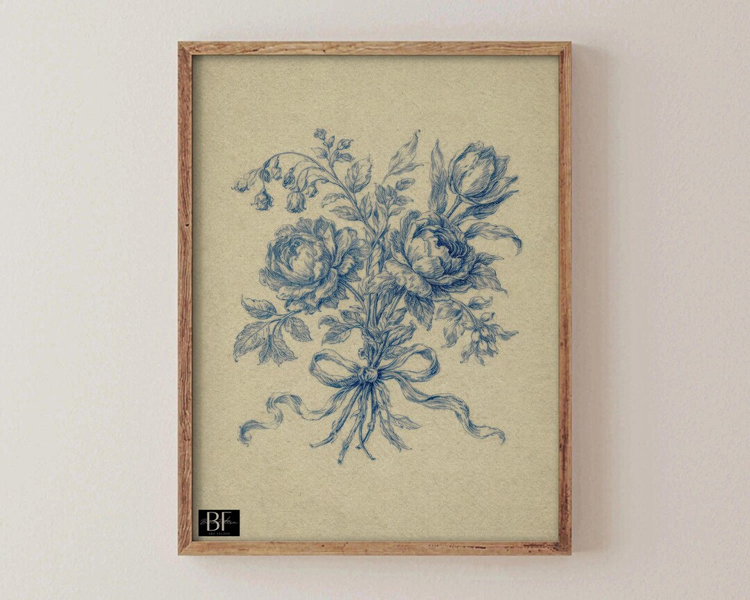 Victorian Blue Rose Bouquet Sketch Print: Antique Wall Art (printable ...