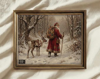 Lámina vintage de Papá Noel, arte mural rústico de renos, pintura navideña antigua, decoración acogedora de escena invernal, lámina navideña de estilo clásico para imprimir.