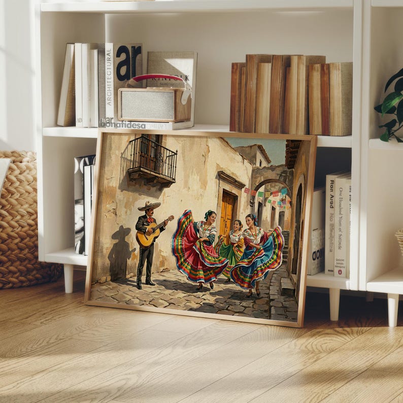 May include: A framed wall art print depicting a street scene with a musician playing a guitar and three dancers in colorful, wide-skirted dresses. The setting features stone buildings, a balcony, and hanging festive banners in a warm, sunlit tone.