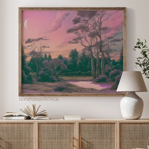 May include: A framed print of a landscape painting with a pink and purple sky, green trees, and a small body of water. The text "bonafidesavintage" is at the bottom of the print.