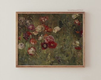 May include: A vintage oil painting depicting a field of red, pink, and white poppies. The flowers are painted in a realistic style with visible brushstrokes. The background is a soft green, suggesting a field or meadow.