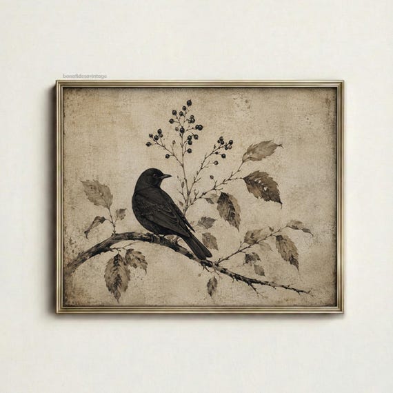 Minimalist Bird Art, Neutral Botanical Print, French Country Decor Digital Art PRINTABLE Download
