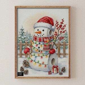 Weihnachtsmotiv mit Schneemann aus Toilettenpapier, lustige Badezimmerdeko, niedliche Wanddeko für die Feiertage, druckbares Toilettenposter, rustikale Winter-Druckvorlage zum Download