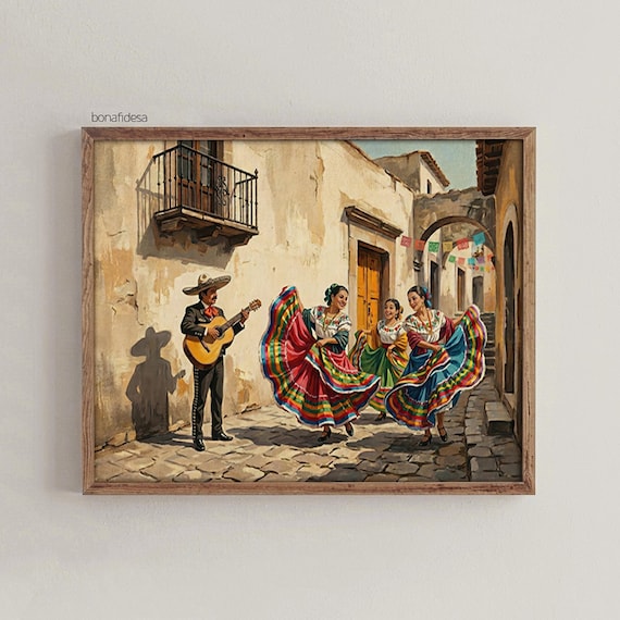 Mexican Mariachi Print - Festive Female Musicians, Vintage Street Scene, Rustic Impressionistic Art, Cultural Wall Decor, Printable