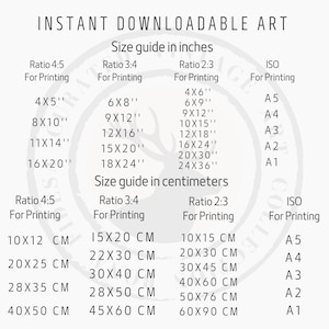 May include: A chart showing different print sizes in inches and centimeters for various aspect ratios, including 4:5, 3:4, 2:3, and ISO standard sizes. The chart includes common print sizes like 4x5, 8x10, 11x14, and 16x20 inches, as well as their corresponding metric equivalents.