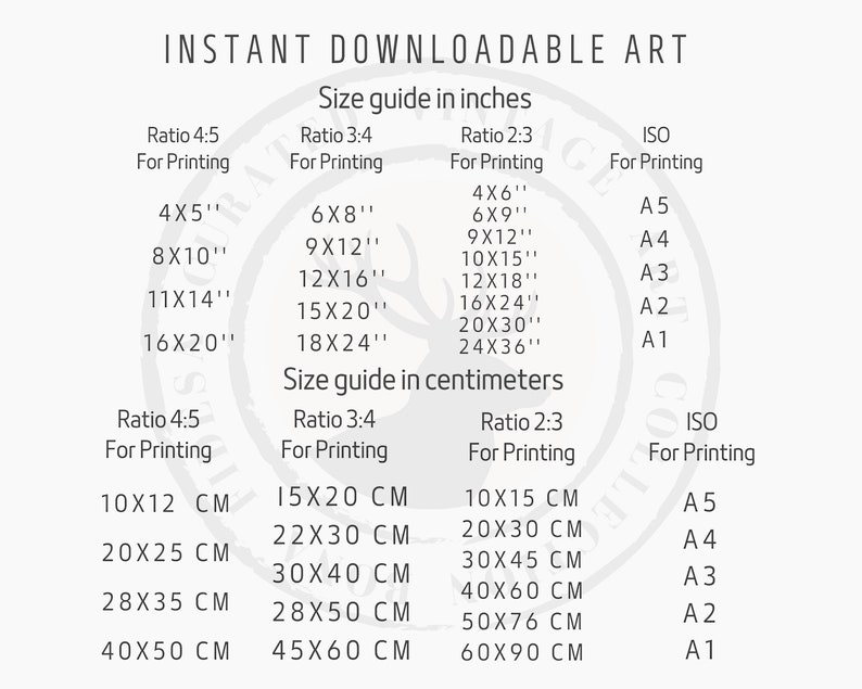 May include: A chart showing different print sizes in inches and centimeters for various aspect ratios, including 4:5, 3:4, 2:3, and ISO standard sizes. The chart includes common print sizes like 4x5, 8x10, 11x14, and 16x20 inches, as well as their corresponding metric equivalents.