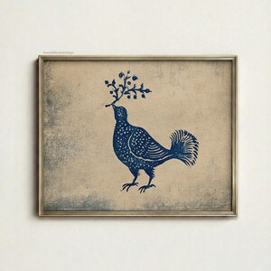 Impresión de pájaro popular azul antiguo / Arte mural estilo cerámica vintage / Decoración rústica estilo chinoiserie / Boceto de animal de arte popular / Póster de descarga digital