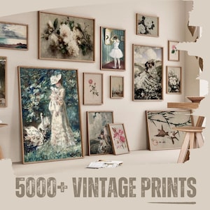 May include: A wall gallery featuring a variety of vintage prints in various styles and colors. The prints are framed in wood and arranged in a grid pattern. The prints include images of flowers, landscapes, and people. The text "5000+ VINTAGE PRINTS" is displayed at the bottom of the image.