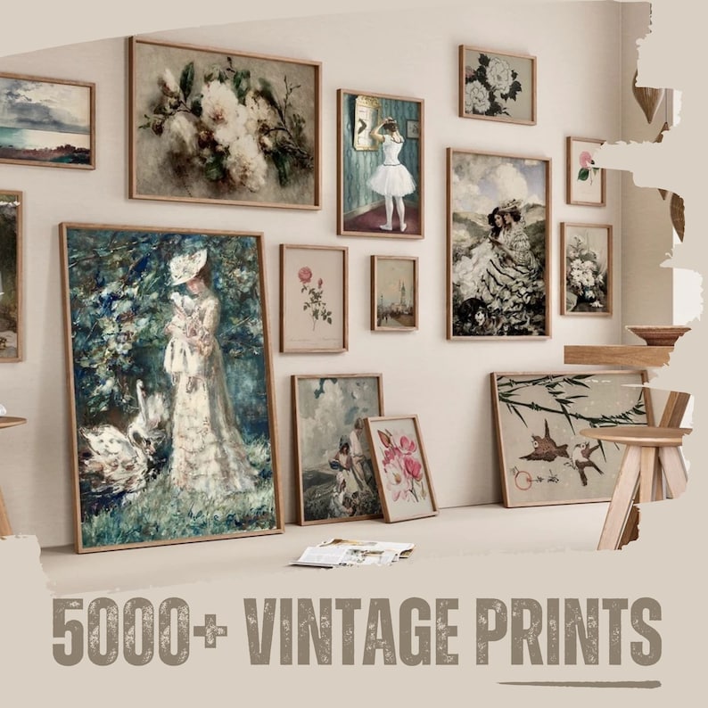 May include: A wall gallery featuring a variety of vintage prints in various styles and colors. The prints are framed in wood and arranged in a grid pattern. The prints include images of flowers, landscapes, and people. The text "5000+ VINTAGE PRINTS" is displayed at the bottom of the image.