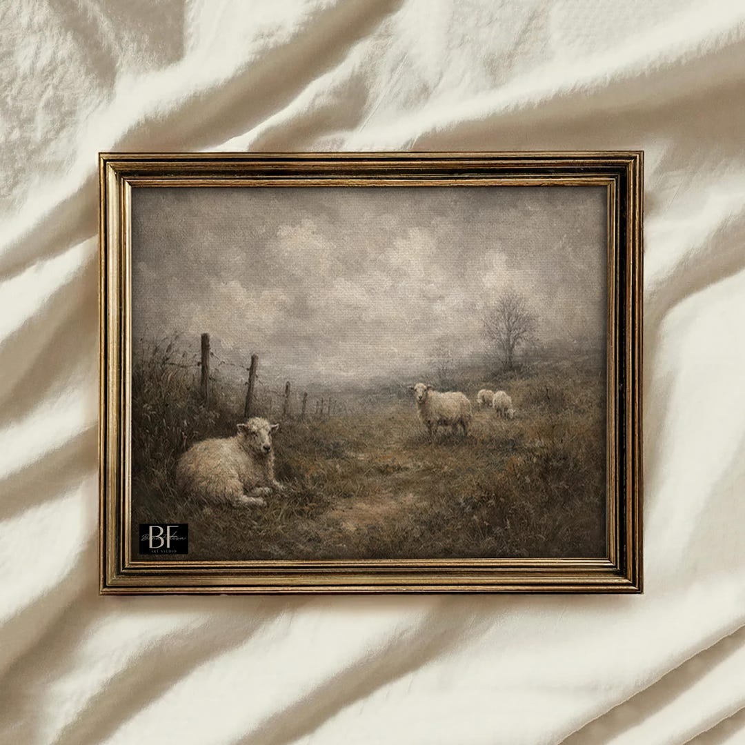 Vintage Sheep Pastoral Landscape Painting, Printable Nursery Wall Art ...