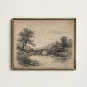 Stone Bridge Landscape Printable Wall Art, Antique Etching River Scene, Vintage Countryside Decor, Gift for Him, Neutral Sepia Download