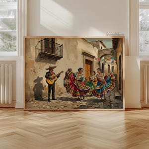 May include: A framed wall art print depicting a scene on a cobblestone street with a musician playing a guitar and three individuals in colorful, wide-skirted dresses dancing. The background features beige stucco buildings, a balcony, and an archway.