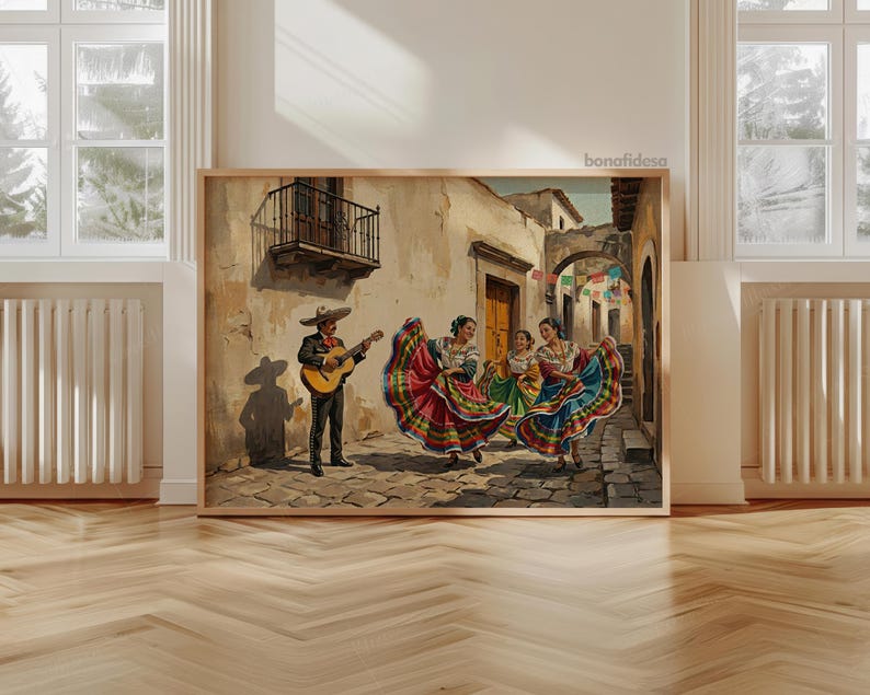 May include: A framed wall art print depicting a scene on a cobblestone street with a musician playing a guitar and three individuals in colorful, wide-skirted dresses dancing. The background features beige stucco buildings, a balcony, and an archway.