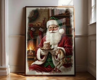 May include: A framed print depicting Santa Claus holding a plate of biscuits, set against a backdrop of a fireplace and Christmas stockings. Santa is dressed in a red suit with white fur trim and a green hat. A rocking horse is in the foreground.
