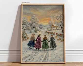 May include: Framed winter scene print featuring four women walking in a snowy landscape. The women are wearing long dresses and coats, holding hands. The background shows snow-covered trees, a house, and a sunset.